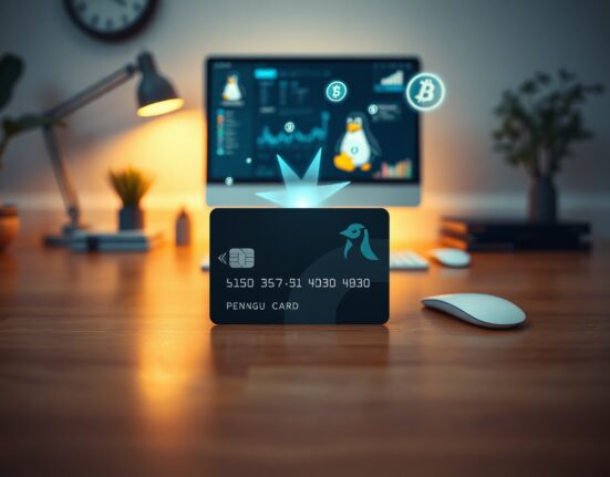 Pengu Card on desk with floating digital SBT tokens and penguin icon
