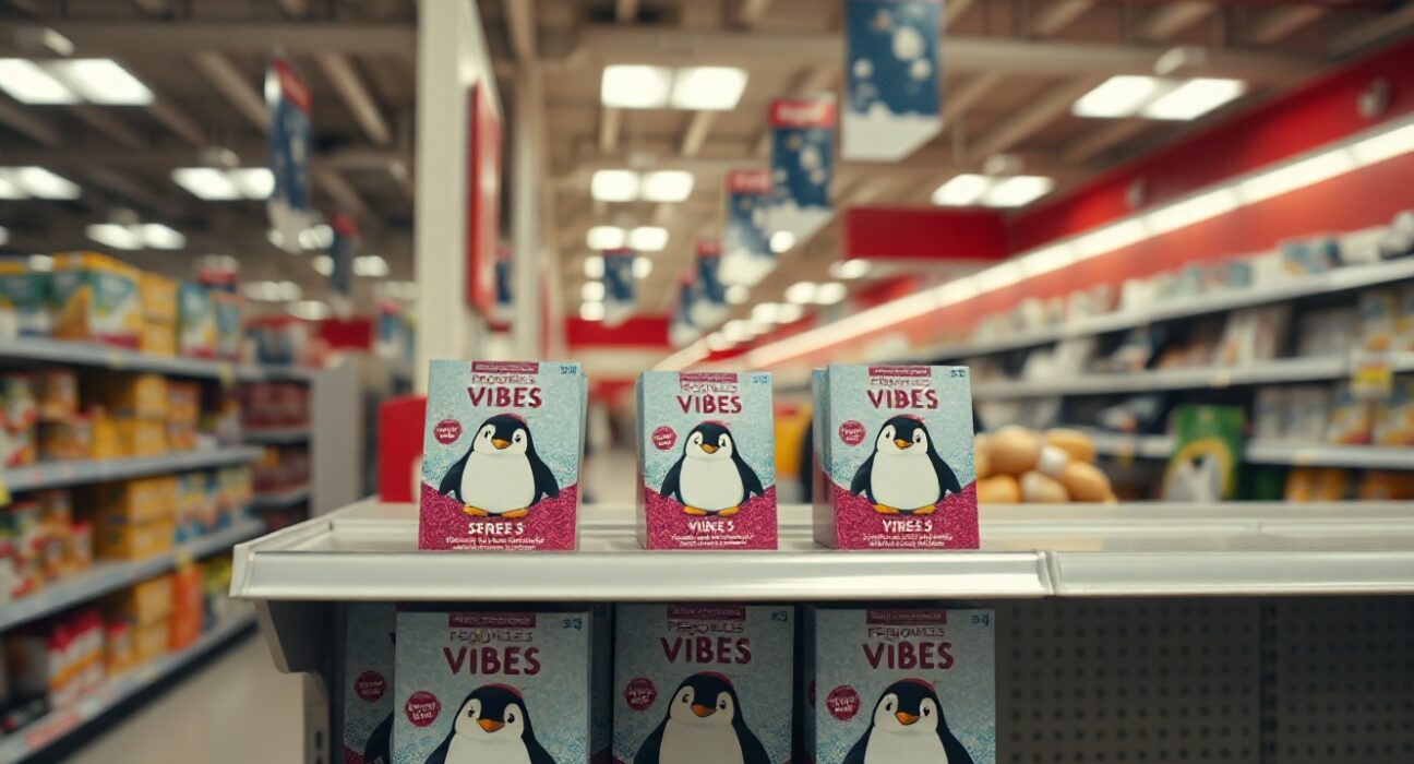Pudgy Penguins Vibes Series 3 trading card display on a Target store shelf