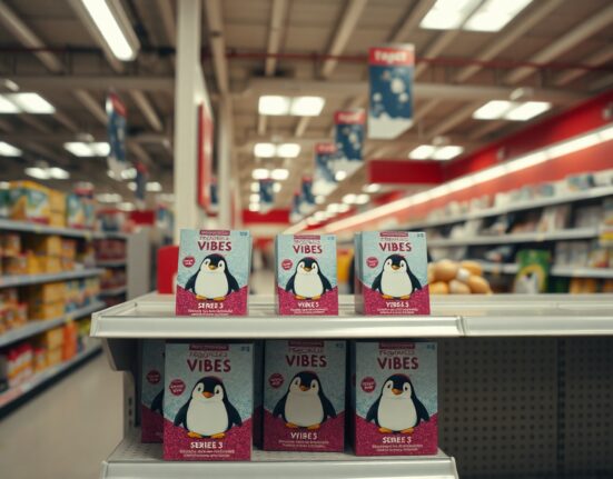 Pudgy Penguins Vibes Series 3 trading card display on a Target store shelf