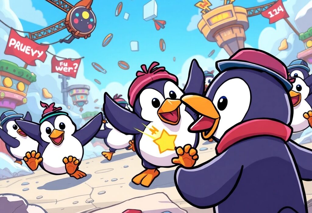 Pudgy Penguins Web3 game characters engaging in a vibrant, action-packed battle royale, signaling the launch of Pudgy Party.