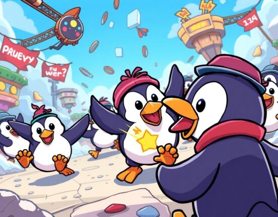 Pudgy Penguins Web3 game characters engaging in a vibrant, action-packed battle royale, signaling the launch of Pudgy Party.