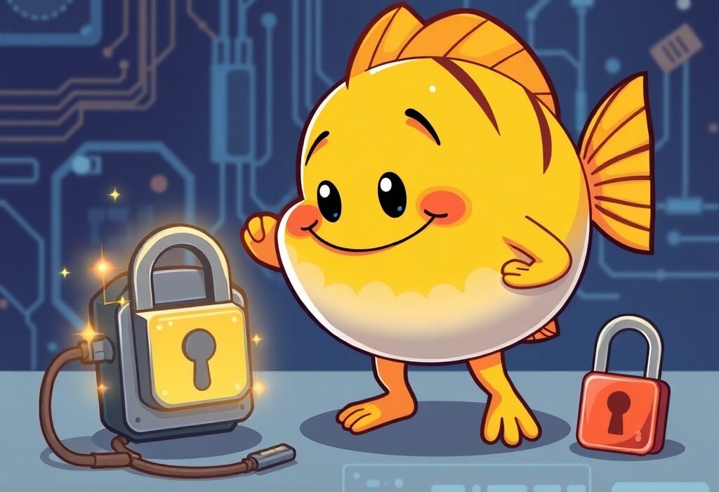 A cartoon puffer fish heroically fixes a broken digital connection, symbolizing Puffer Finance's successful domain recovery and service restoration.