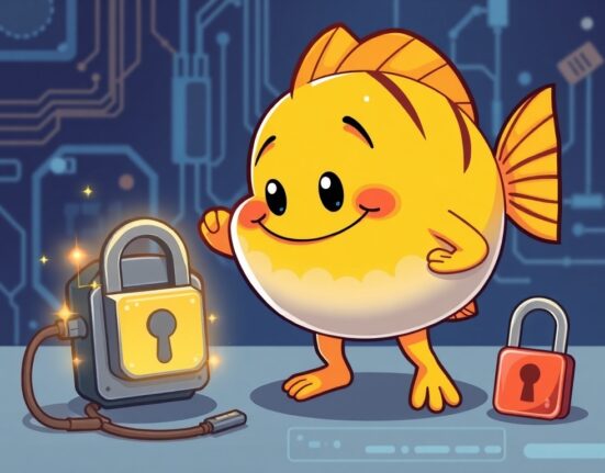 A cartoon puffer fish heroically fixes a broken digital connection, symbolizing Puffer Finance's successful domain recovery and service restoration.