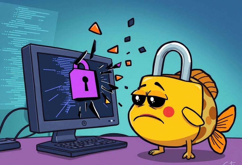 A cartoon illustration depicting a digital security breach, symbolizing the Puffer Finance hack and its urgent implications for users.