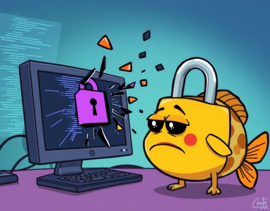 A cartoon illustration depicting a digital security breach, symbolizing the Puffer Finance hack and its urgent implications for users.