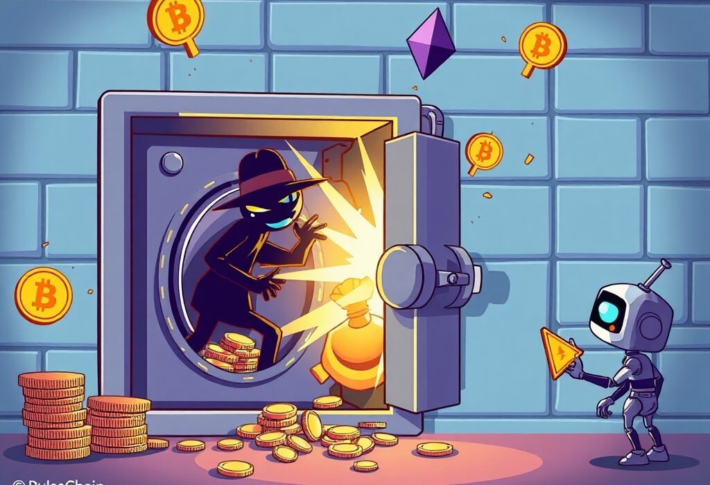 A cartoon illustration showing the devastating impact of a PulseChain hack, with digital assets being stolen from a DeFi platform.