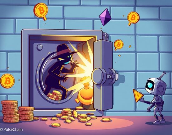 A cartoon illustration showing the devastating impact of a PulseChain hack, with digital assets being stolen from a DeFi platform.