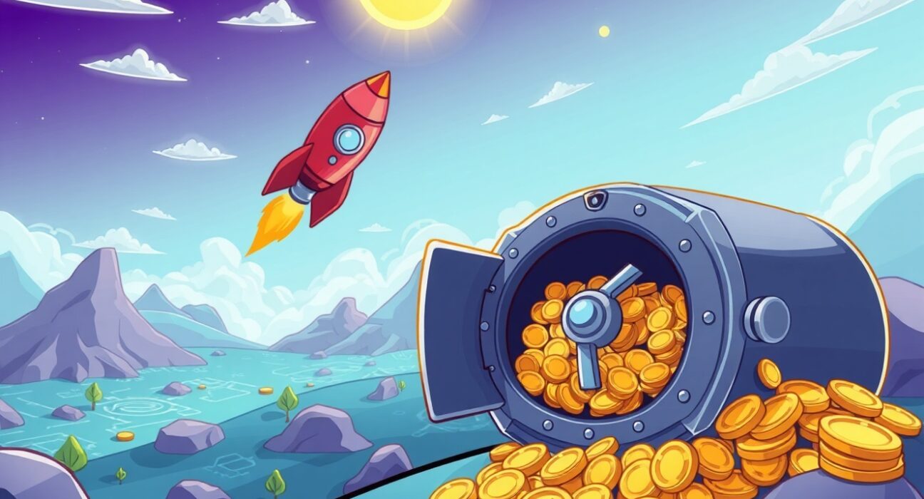 Pump.fun buyback illustrated as a vault overflowing with coins next to a launching rocket.