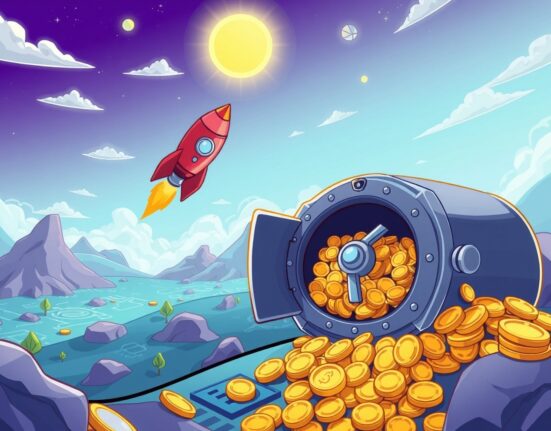 Pump.fun buyback illustrated as a vault overflowing with coins next to a launching rocket.