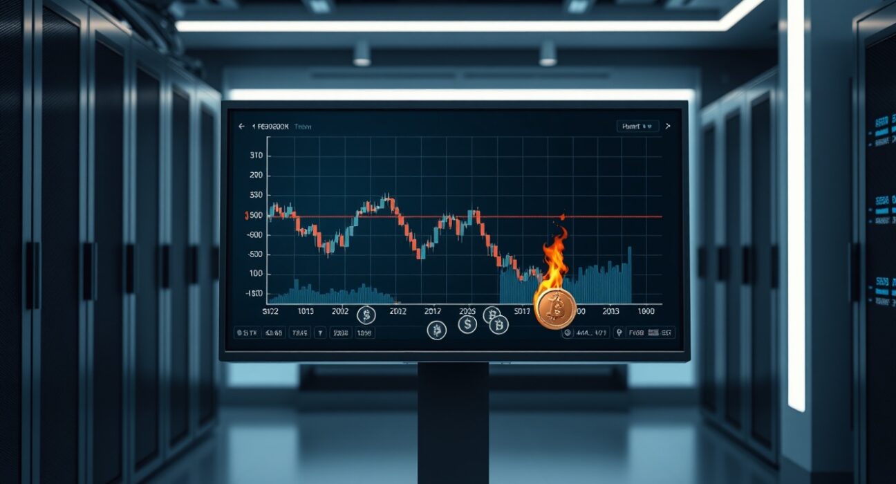 A digital display showing a flat cryptocurrency price chart with burning tokens in the foreground.