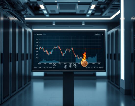 A digital display showing a flat cryptocurrency price chart with burning tokens in the foreground.