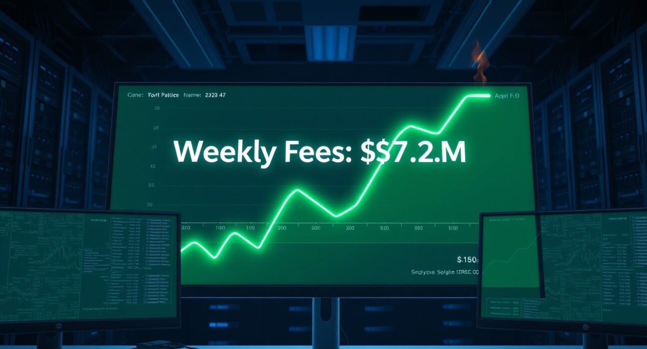 Digital dashboard showing Pump.fun weekly fee revenue chart with burn animation in a dark trading office