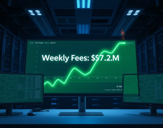 Digital dashboard showing Pump.fun weekly fee revenue chart with burn animation in a dark trading office