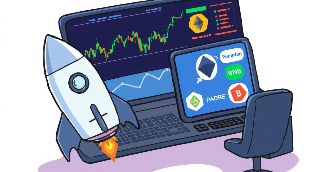 Cartoon illustration showing Pump.fun acquiring Padre, symbolizing growth in multichain memecoin trading.