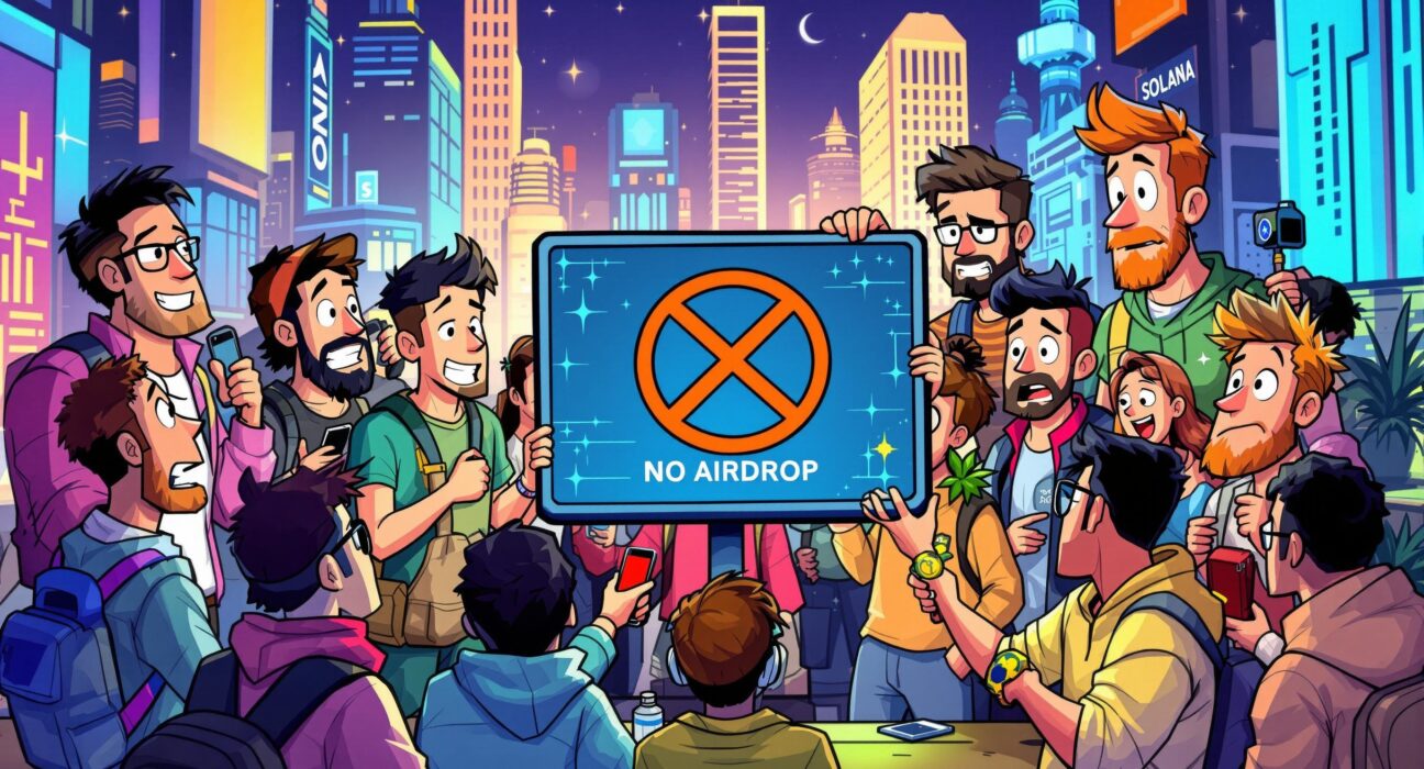 A group of disappointed crypto enthusiasts reacting to news of no immediate Pump.fun airdrop, symbolizing dashed expectations for PUMP rewards.