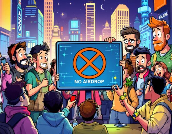 A group of disappointed crypto enthusiasts reacting to news of no immediate Pump.fun airdrop, symbolizing dashed expectations for PUMP rewards.