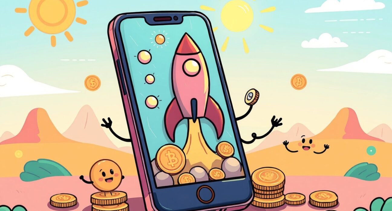 Pump.fun app launching a rocket from a smartphone, symbolizing easy memecoin creation on Solana Mobile.