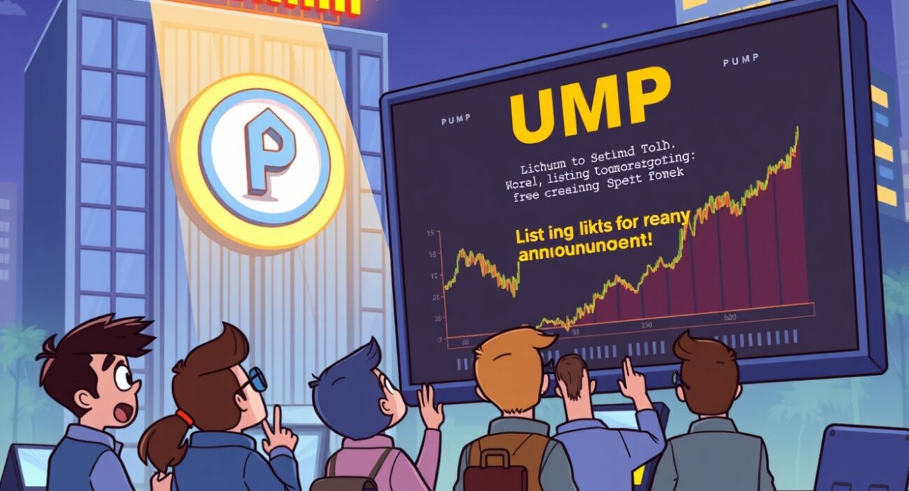 Cartoon illustration showing the excitement around Bithumb listing Pump.fun, with traders celebrating the new crypto asset.