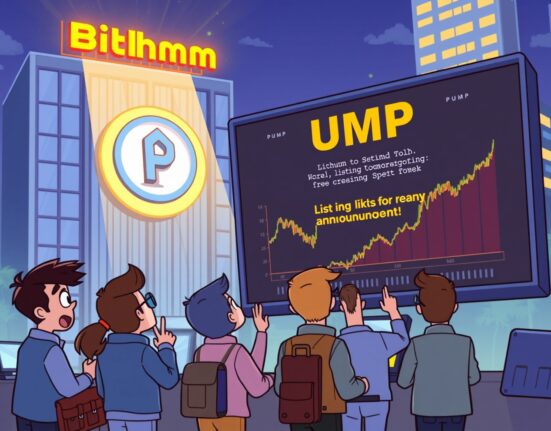 Cartoon illustration showing the excitement around Bithumb listing Pump.fun, with traders celebrating the new crypto asset.