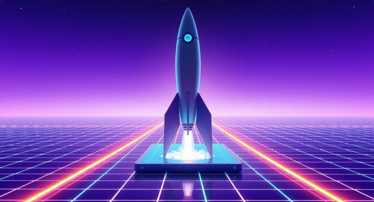 Conceptual image of a rocket launch on a digital Solana blockchain grid, representing Pump.fun's new BOOST token mechanism.