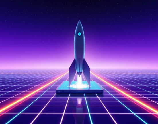 Conceptual image of a rocket launch on a digital Solana blockchain grid, representing Pump.fun's new BOOST token mechanism.