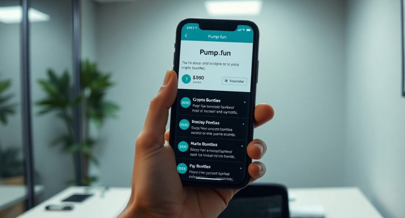 Person holding smartphone showing Pump.fun bounty platform with crypto rewards.
