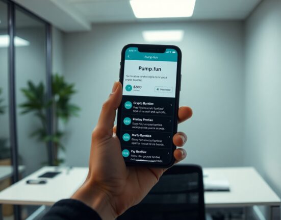 Person holding smartphone showing Pump.fun bounty platform with crypto rewards.