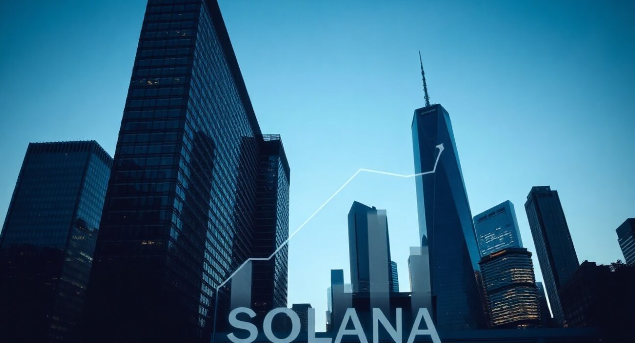 Illustration of a modern financial district with digital chart overlays representing Pump.fun's SOL transfer to Kraken.