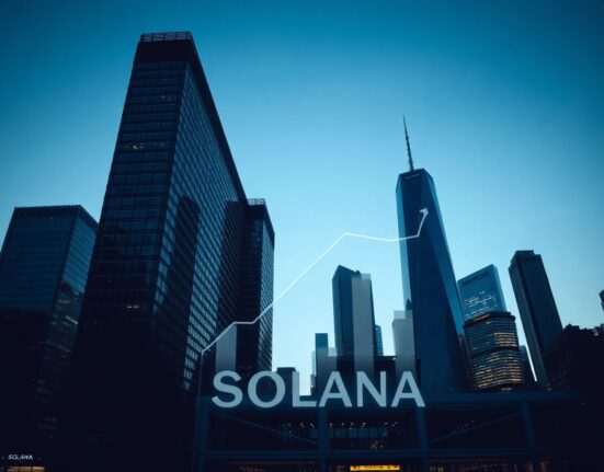 Illustration of a modern financial district with digital chart overlays representing Pump.fun's SOL transfer to Kraken.