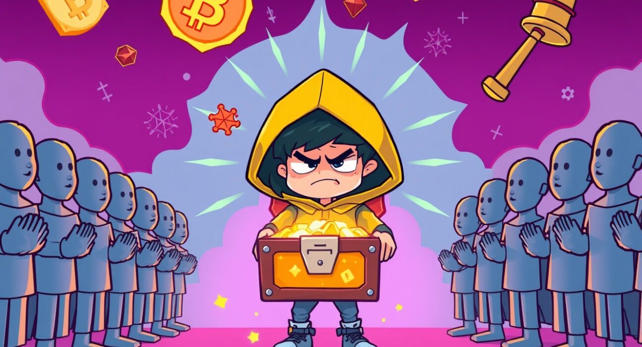 Cartoon illustration of the Pump.fun developer sentenced story, depicting digital theft and its chaotic consequences.