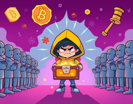 Cartoon illustration of the Pump.fun developer sentenced story, depicting digital theft and its chaotic consequences.