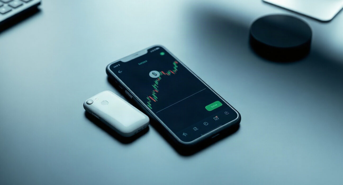 Smartphone displaying a trading interface on a desk, representing Pump.fun's mobile app with HyperEVM support.
