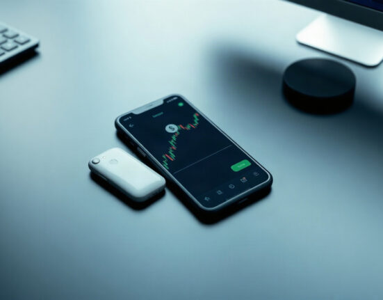Smartphone displaying a trading interface on a desk, representing Pump.fun's mobile app with HyperEVM support.