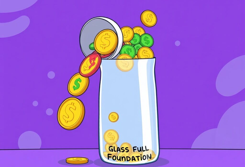 Cartoon illustration showing the Glass Full Foundation filling with memecoin liquidity from Pump.fun, symbolizing new support for Solana projects.