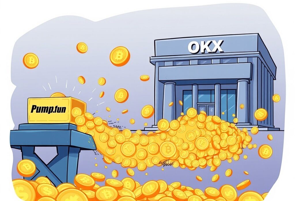 A cartoon illustration showing a significant on-chain transfer of PUMP token from a Pump.fun platform to the OKX exchange, highlighting the large sum involved.