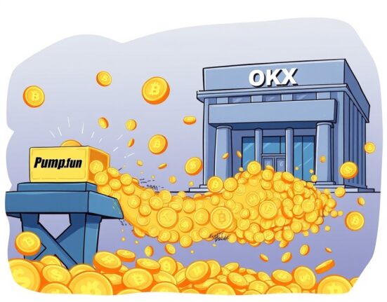 A cartoon illustration showing a significant on-chain transfer of PUMP token from a Pump.fun platform to the OKX exchange, highlighting the large sum involved.