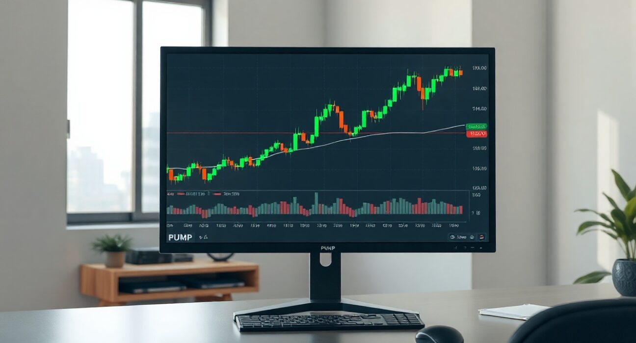 PUMP token price chart showing upward trend on a monitor in a professional trading environment