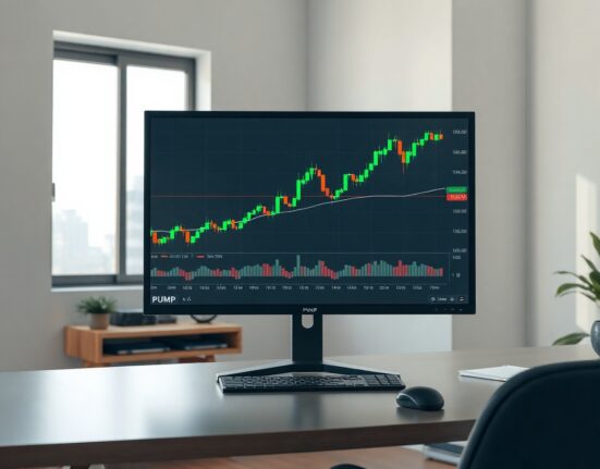 PUMP token price chart showing upward trend on a monitor in a professional trading environment