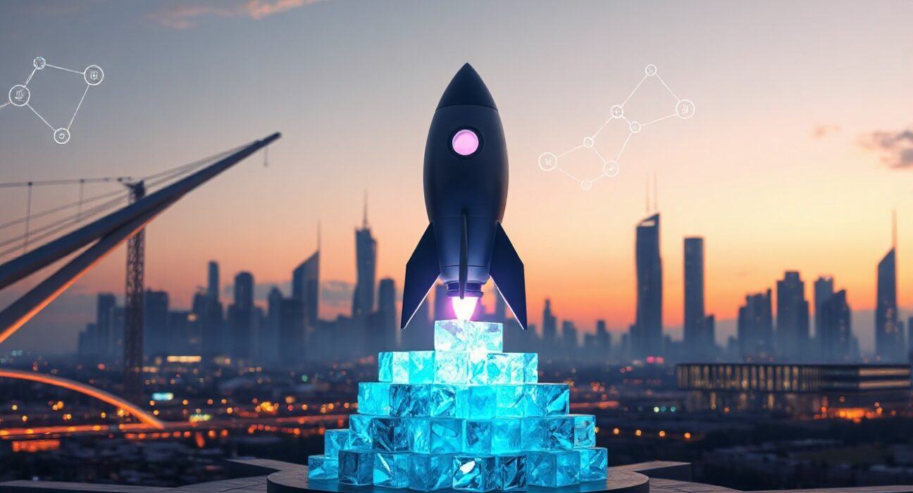 Futuristic Solana blockchain cityscape with a rocket on a crystalline launchpad representing Pump.fun.