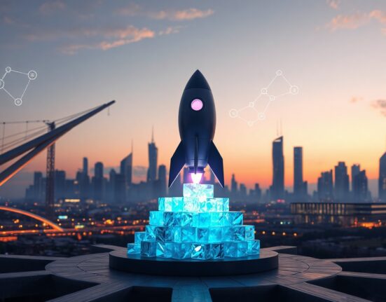 Futuristic Solana blockchain cityscape with a rocket on a crystalline launchpad representing Pump.fun.