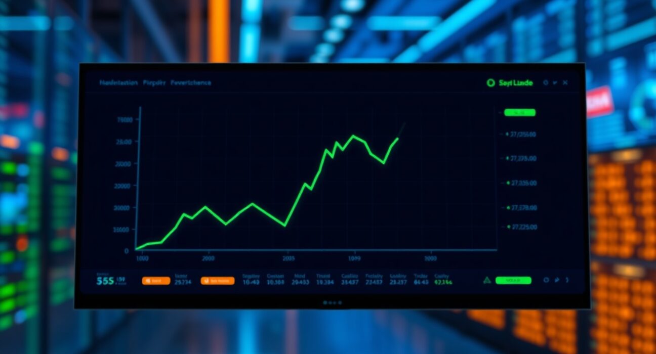 Digital dashboard showing an upward trending green line chart representing Pump.fun's price and revenue growth.