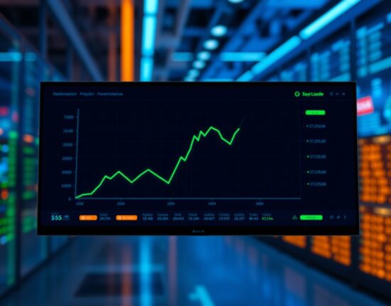 Digital dashboard showing an upward trending green line chart representing Pump.fun's price and revenue growth.