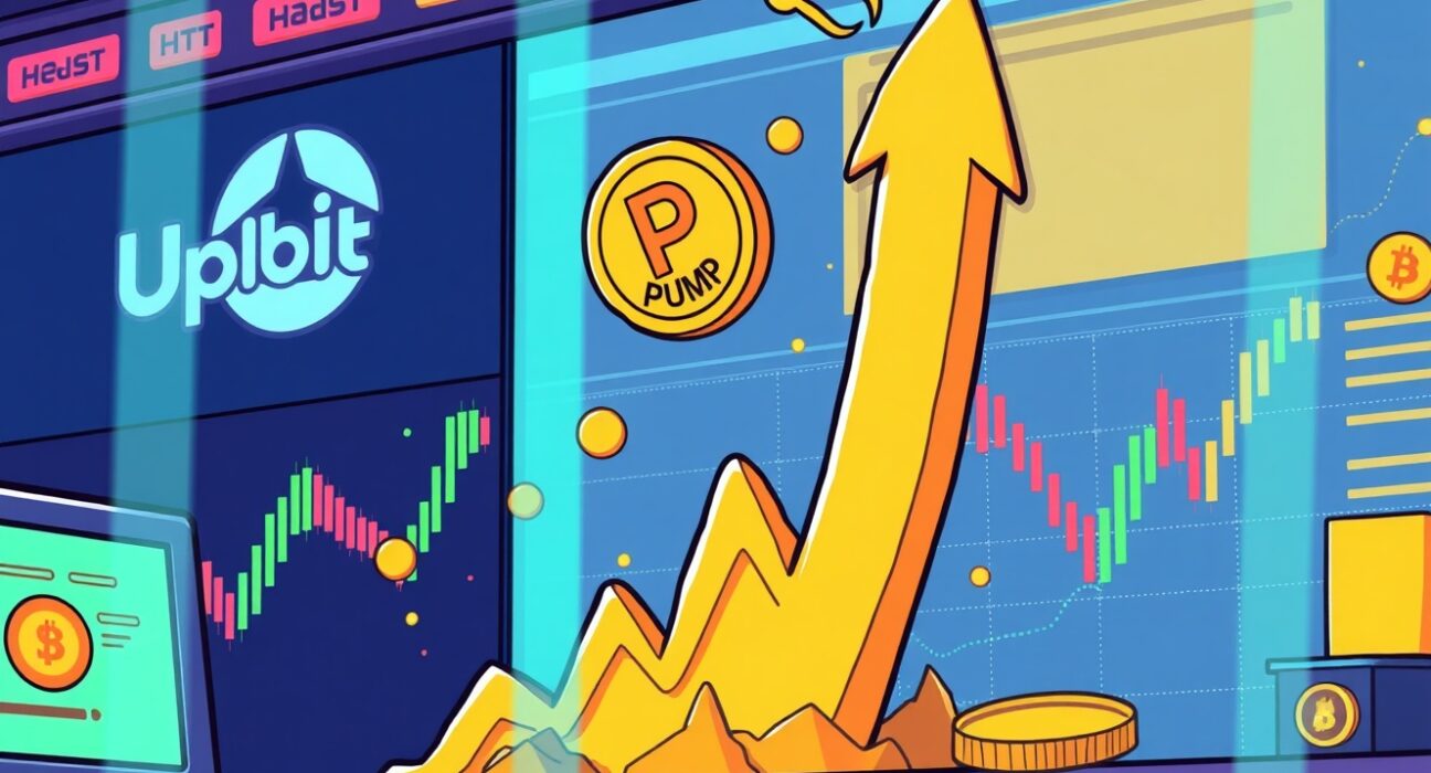 A cartoon illustration showing the excitement of Pump.fun PUMP being listed on Upbit, with charts showing upward movement.
