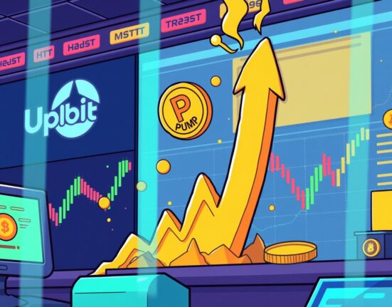A cartoon illustration showing the excitement of Pump.fun PUMP being listed on Upbit, with charts showing upward movement.