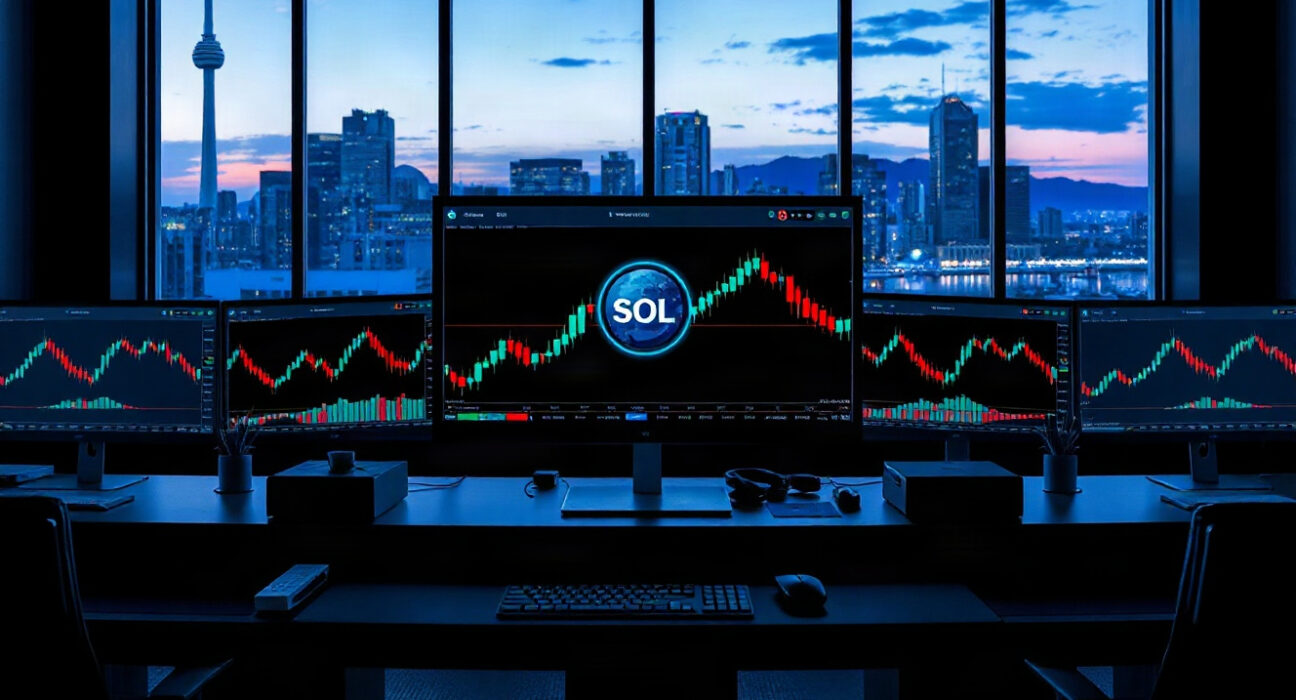 Trading desk monitor displaying Solana SOL price charts and logo during market rally
