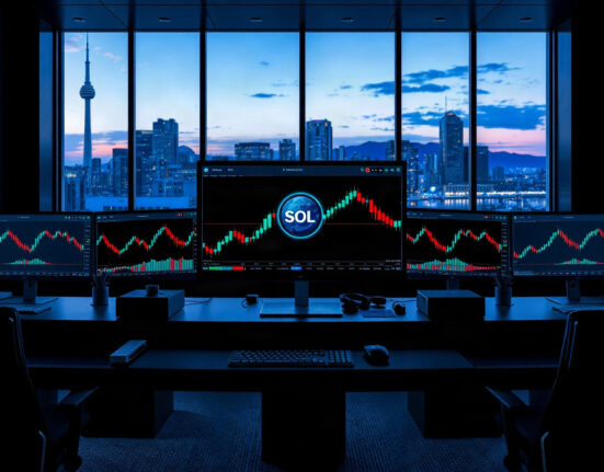 Trading desk monitor displaying Solana SOL price charts and logo during market rally
