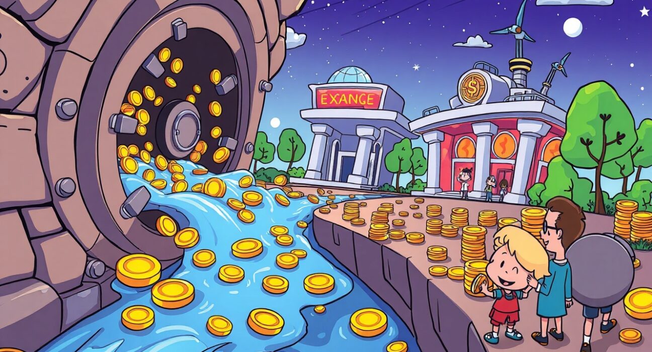 Cartoon illustration of the Pump.fun team address deposits creating a flow of digital currency to an exchange.