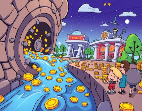 Cartoon illustration of the Pump.fun team address deposits creating a flow of digital currency to an exchange.