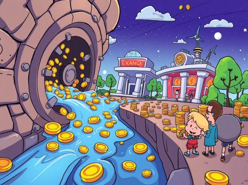 Cartoon illustration of the Pump.fun team address deposits creating a flow of digital currency to an exchange.