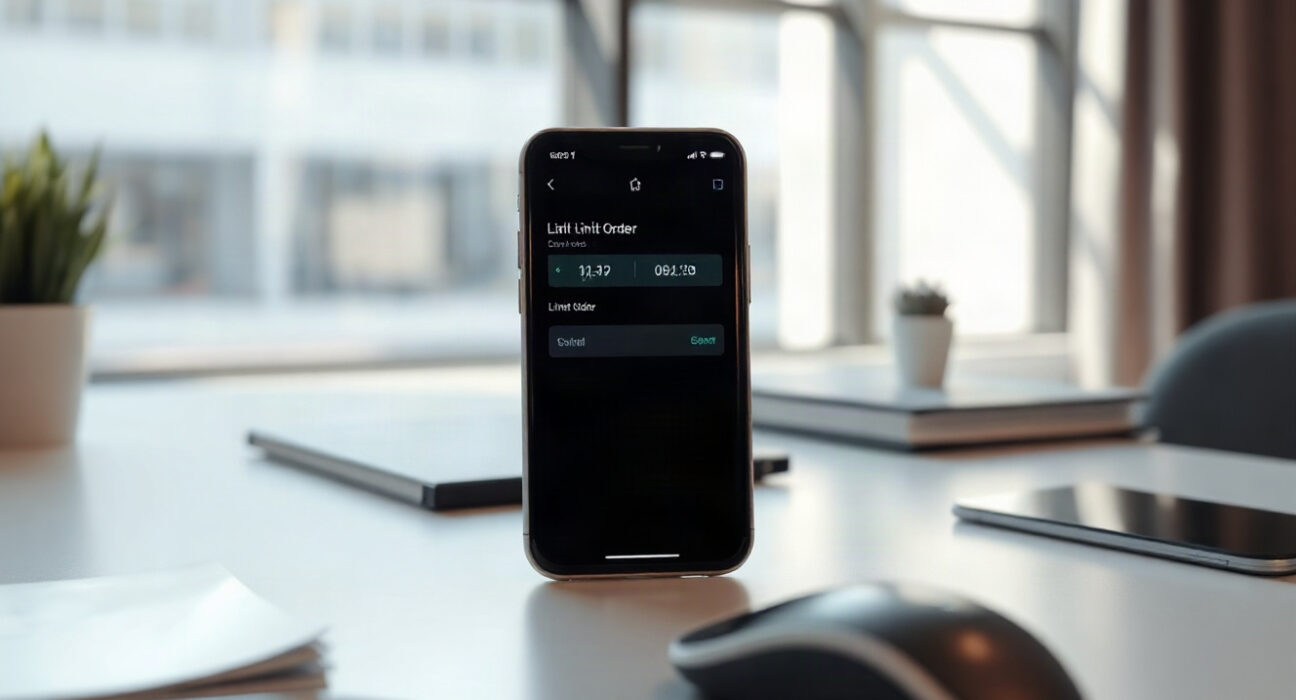 Smartphone showing limit order interface on Pump app for Solana memecoin trading